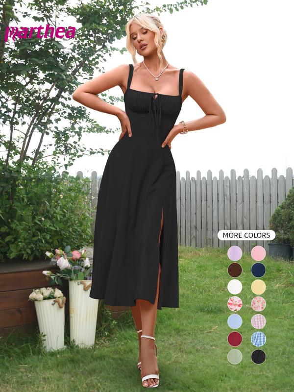 Parthea Women's Plain Ruched Boning Corset Milkmaid Dress, Lace Up Dress, Party Dress, Split Thigh Dress, Tie Front Dress, Elegant Aesthetic Square Neck Midi Dress, Dresses for Women, Frenchy Style Non Bodycon Dress Christmas, Formal Dresses, Adjustable