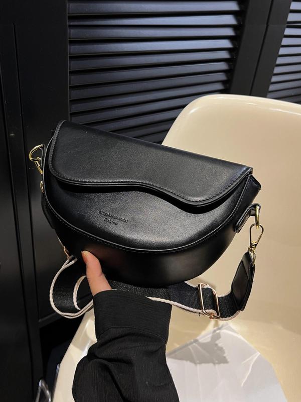Women's Retro Solid Color Saddle Bag, Wide Shoulder Strap Messenger Bag, Fashionable Classic Popular Crossbody Shoulder Bag, Suitable for Daily Outing, PU Leather Bag