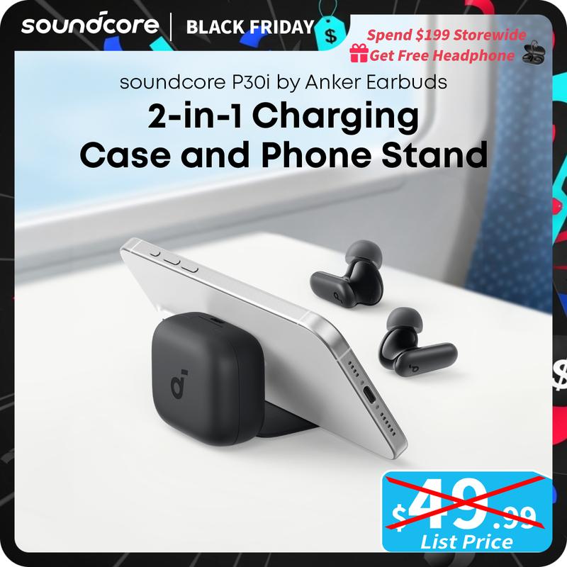 soundcore P30i by Anker Noise Cancelling Earbuds, Strong and Smart Noise Cancelling, Powerful Bass, 45H Playtime, 2-in-1 Case and Phone Stand, IP54, Wireless Earbuds, Bluetooth 5.4