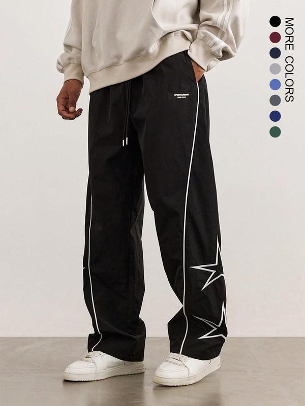 Men's Star Pattern Pocket Drawstring Waist Straight Leg Pants,  Casual Street Letter Patched Contrast Binding Trousers for Daily Wear, Mens Bottoms for All Seasons, National Day Offers