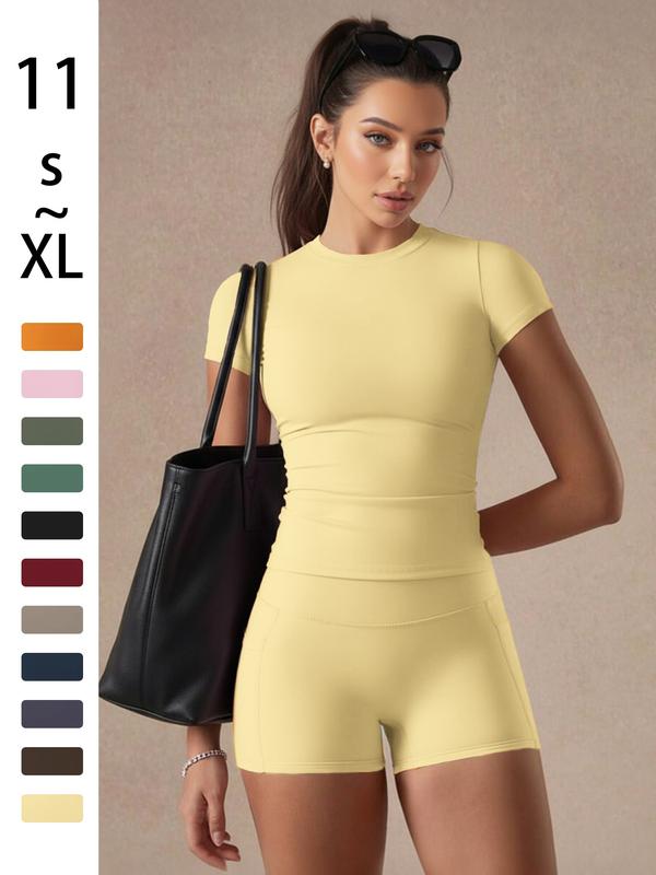 Women's Solid Color Set, Basic Versatile T-Shirt Top, Fashion Multi-Purpose Slimming Hip-Lifting Gym Shorts, Yoga Fitness Gym, Multifunctional Sportswear