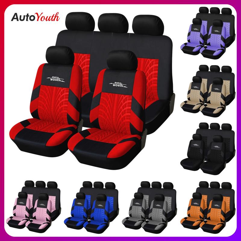 Car Seat Covers for 5 Seats Universal, Fabric Breathable Car Front & Rear Seat Protectors, with Tire Track Details, Airbag Compatible, Full Protection, Fits Most Cars Trucks Vans SUVs, Red Seat Covers, Truck Car Interior Accessories fathersdaygift