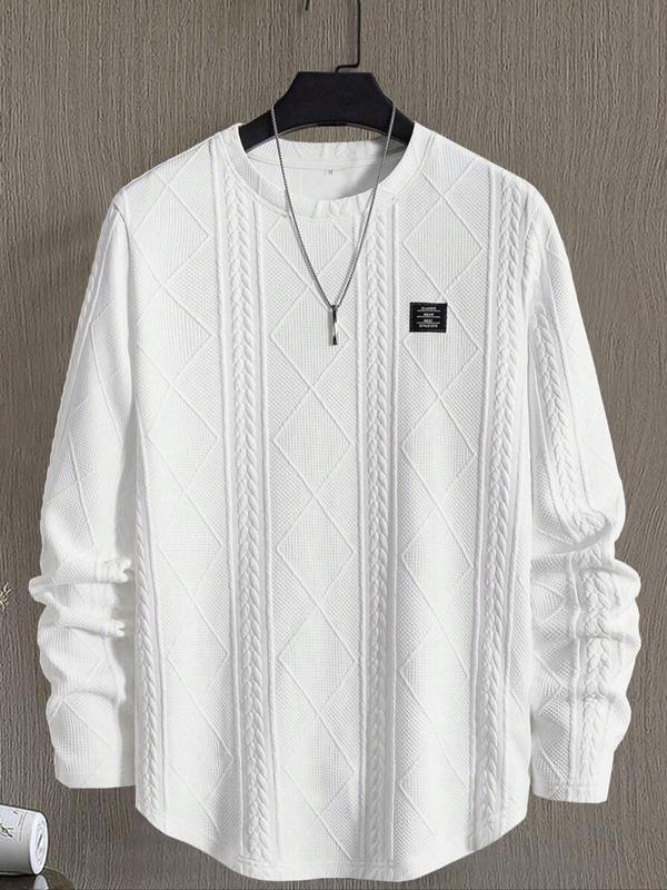Men's Regular Fit Patchwork Details Textured Knit Tops, Casual Long Sleeve Round Neck T-shirt for All Seasons, Men's Top for Daily Wear, Knitwear, Fitted
