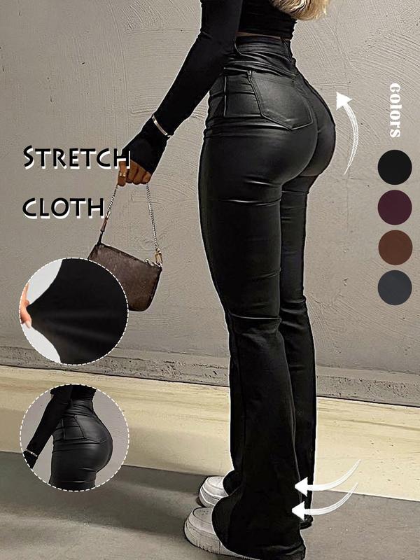 GILIPUR Y2K High Waist PU Flare Leg Pants Casual Comfy Plain Button Pocket Trousers Women's Ladies Bottoms For All Seasons Fall & Winter Clothes Stretchy PU Leather Flared Leg Pants Coated Flared Pants,Kardashian Style,Tchic