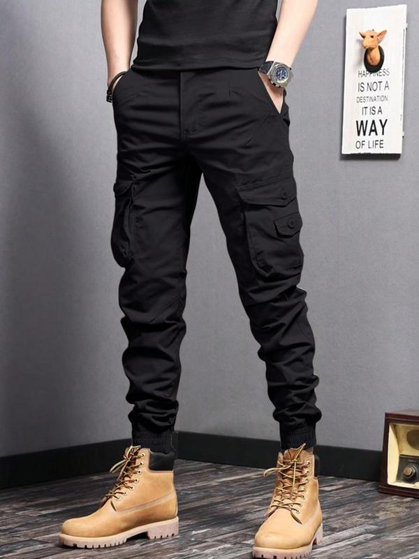 Men's Plain Button Pocket Cargo Pants, Regular Fit Street Fashion Casual Drawstring Waist Jogger Pants For Daily Wear, Woven Bottoms For All Seasons