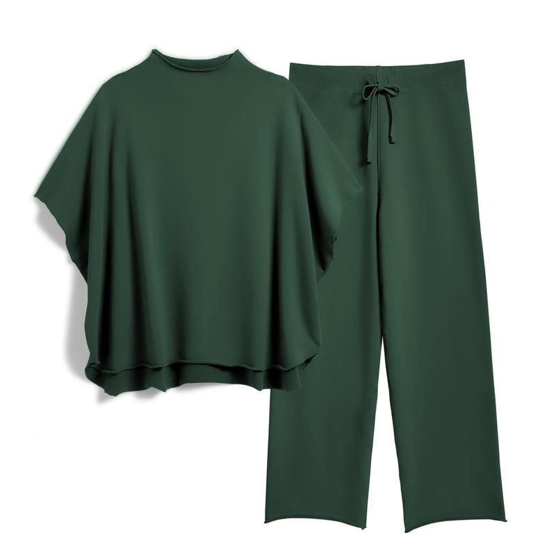 Songling Women's Casual Two-Piece Outfits 3/4 Batwing Sleeve Capelet CrewNeck Pullover Top & Wide Leg Pants Lounge Sets Sweatsuit Blazer Trouser Womenswear Clothes Gamis