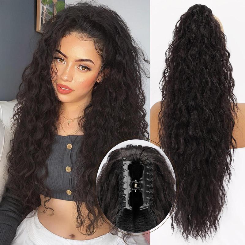 Summervibes[ Kookastyle ] Claw Long Wavy Ponytail Extension Black Brown 30" Curly Pony Tail Clip in Hair Extensions for Women Fluffy Natural Looking Synthetic Hairpiece for Daily Use
