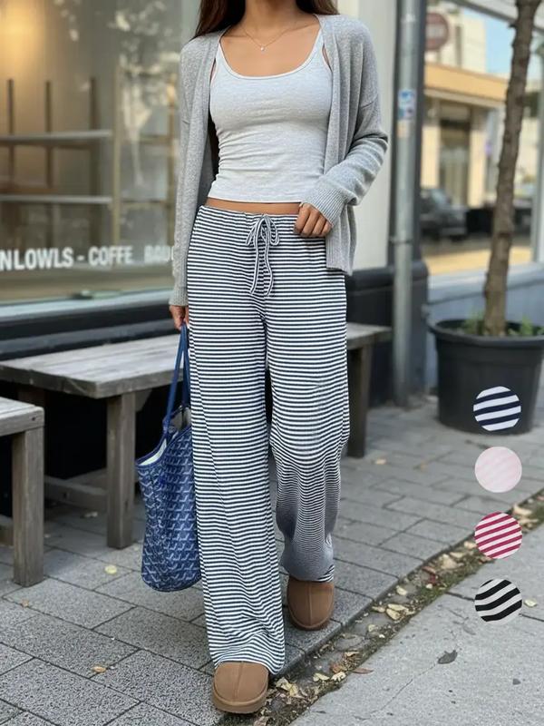 Women's Striped Print Drawstring Waist Pants, Casual Comfy Stretchy Lounge Pants, Casual Wide Leg Trousers for Daily Wear, Ladies Bottoms for All Seasons, Comfortable trousers