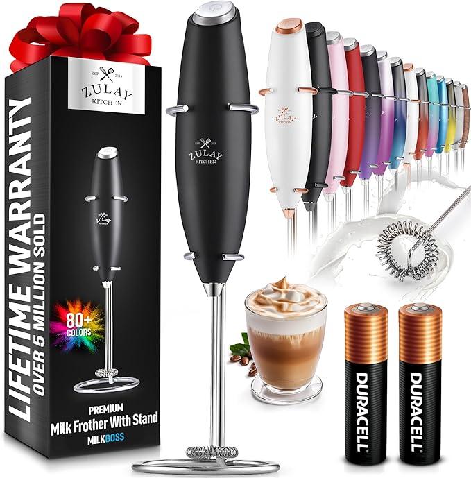 Zulay Kitchen Premium Milk Frother with Stand - Ultra-Fast Handheld Mixer for Coffee Lattes Matcha - 80 Color Options - Comes with Duracell Batteries - Household Appliances