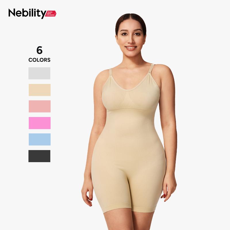 Nebility Women's Seamless V-Neck Bodysuit - Full Body Stretchy Shapewear, High Waist Shaping, Comfortable Breathable Fabric, Basic Black (Fitted) Minimalist Womenswear Black(Fitted)