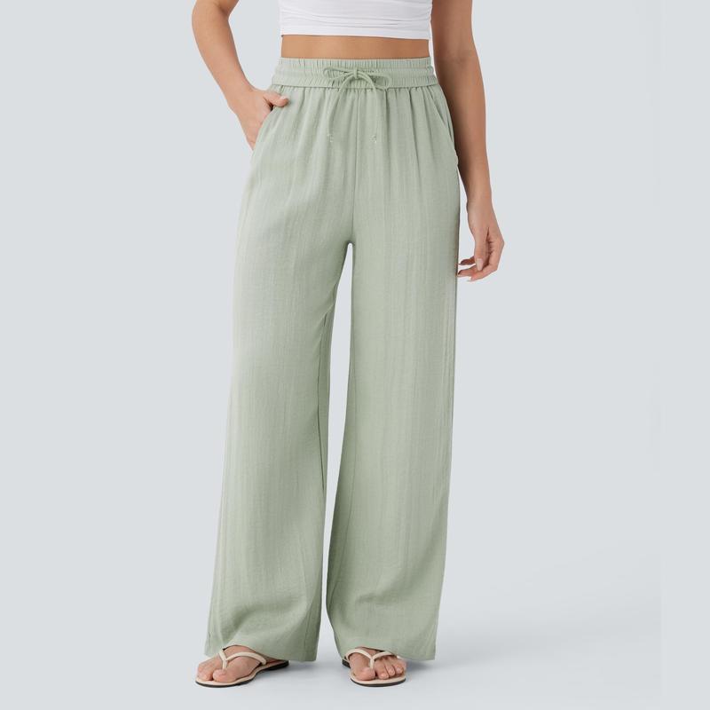 【Creator’s Pick】Halara High Waisted Drawstring Pocket Wide Leg Baggy Casual Linen-Feel Pants
