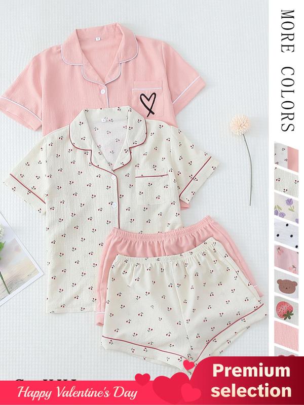 Women's Cherry Print Button Shortsleeve Blouse & Elastic Waist Shorts Breathable Pajama Cute Nightwear Set, Summer Clothes Women, Valentine's Day Casual Lapel Pocket Top & Shorts PJ Set for Homewear, Gift for Her, Plz Purchase A Size Up, 90s Clothes