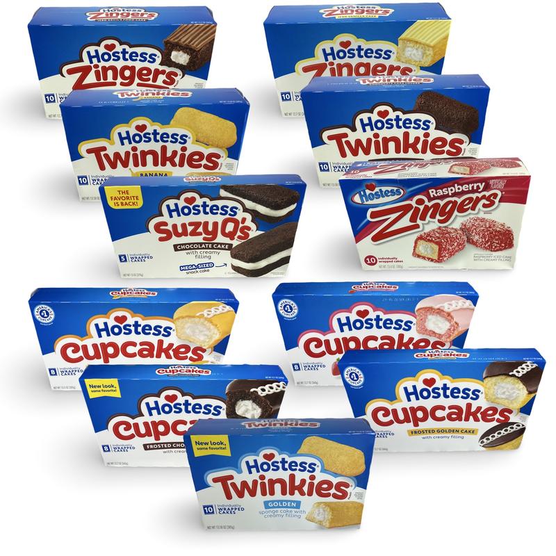 Hostess Snack Cakes Multipack Box - Sweet, Ready-to-Eat Snacks, 3-Month Shelf Life, Cupboard-Storable Assortment with Strawberry, Chocolate Flavors, Twinkies, Zingers, Cupcakes, Suzy Qs