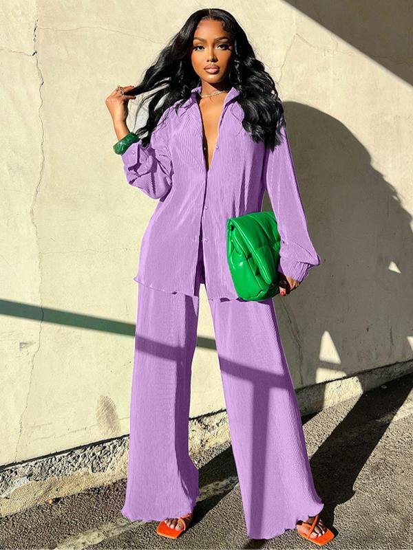 Women's Solid Button Front Shirt & Elastic Waist Pants Two-piece Set, Casual Lettuce Trim Long Sleeve Collared Top & Wide Leg Trousers for Spring & Fall, Women's Outfits for Daily Wear, Lady, Womenswear, Clothes