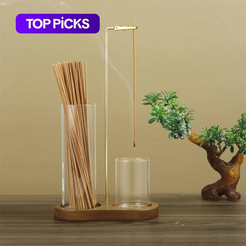 2-in-1 Incense & Candle Holder, 1 Count Wooden-Base Incense Burner with Removable Glass Ash Collector, Home Decor Ornament for Living Room & Bedroom, Scented Home Fragrance #GLOBAL PICKS