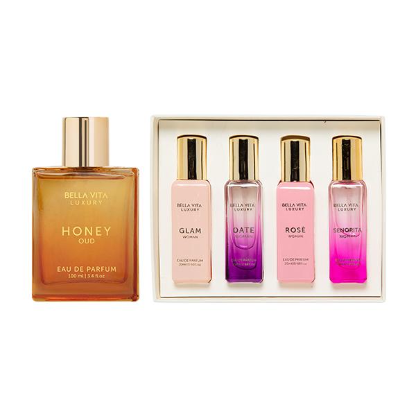 Midnight Mischief by BellaVita Luxury | Honey Oud EDP + 4x20ml Mini Perfumes | Women's Perfume Gift Set | Long-Lasting Floral, Spicy & Vanilla Fragrances | Vegan & Cruelty-Free | Super Brand Day Exclusive