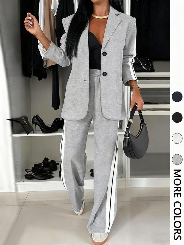 Women's Striped Print Suit Set, Blazer Jacket & Wide Leg Pants, Casual Fitted, All Seasons Wear, Regular Length