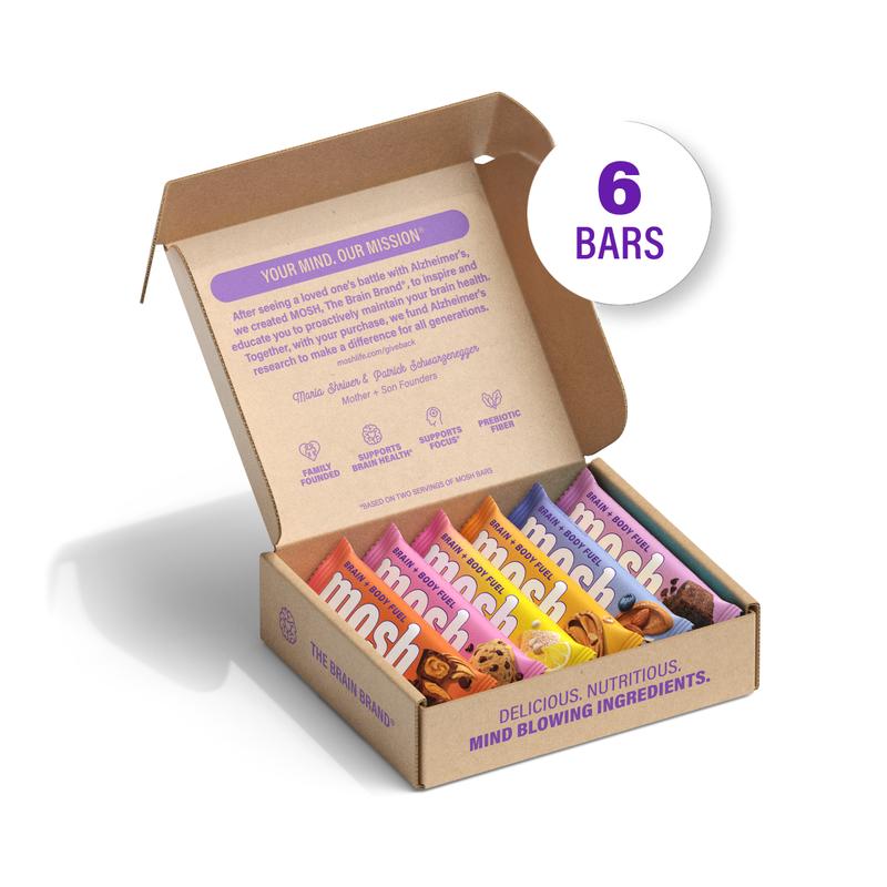 MOSH Best Sellers Chunk Flavored Bars Trial Pack - 6 Count, High Protein Snack, Lower Sugar, High Fiber, Keto-Friendly, Gluten-Free, 6+ Brain Nutrients (Including Cognizin), Natural, Cupboard-Storable, Mission-Focused, Gives Back