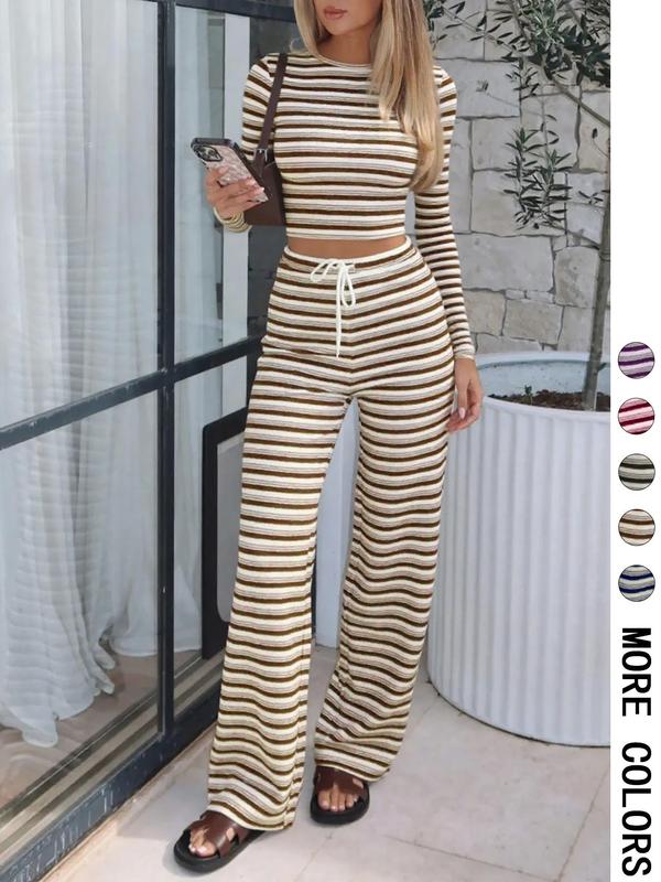 Women's Casual Comfortable Knit Fabric Long Sleeve Striped Top + Loose Printed Pants Set Womenswear, Outfit, Everyday, Perfect for Daily Wear