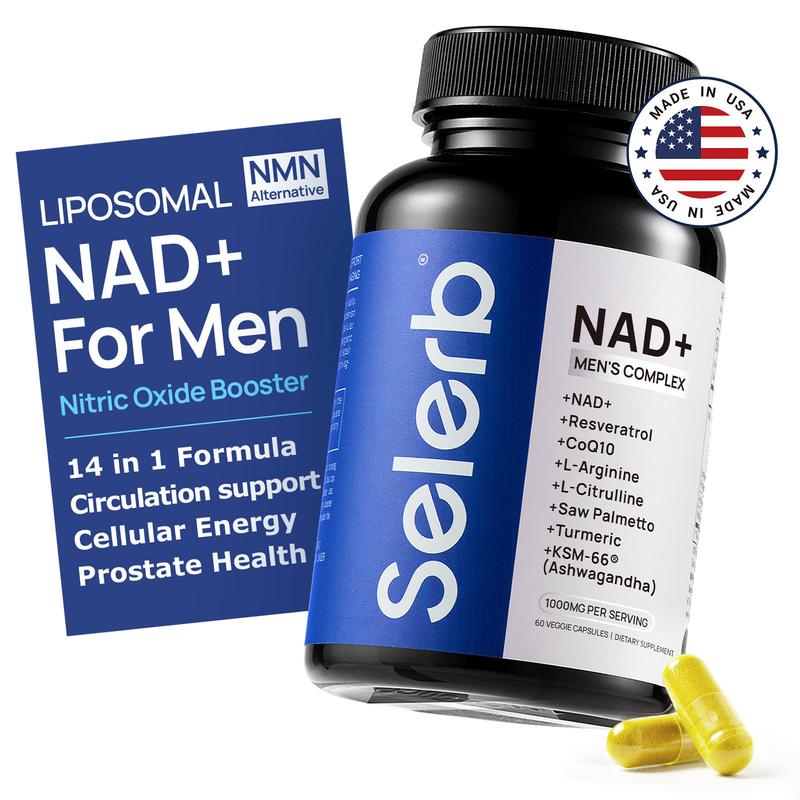 Selerb NAD+ Supplement for Men with NMN - Liposomal Complex with Trans-Resveratrol, CoQ10, Maca & Ashwagandha - Supports Cellular Renewal, Energy & Performance - 60 Capsules Dietary Healthcare Vitamins