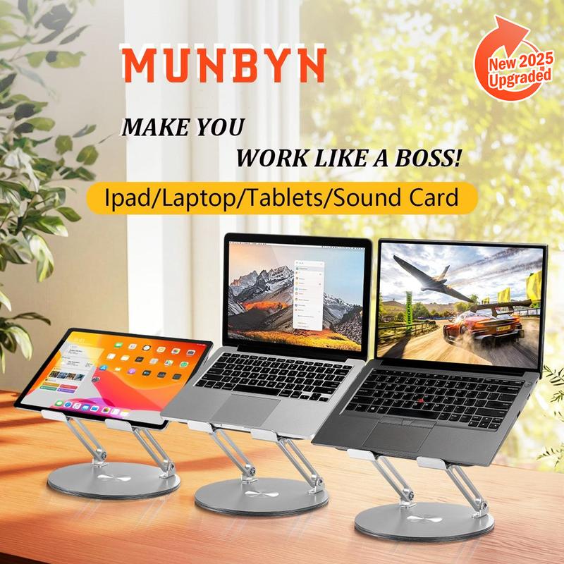 【 MUNBYN 360° Rotating Laptop Stand】Adjustable Foldable Aluminum Laptop Stand, 2-in-1 Multifunctional Laptop Stand Hub for Gaming laptop & Mobile stand,Gray