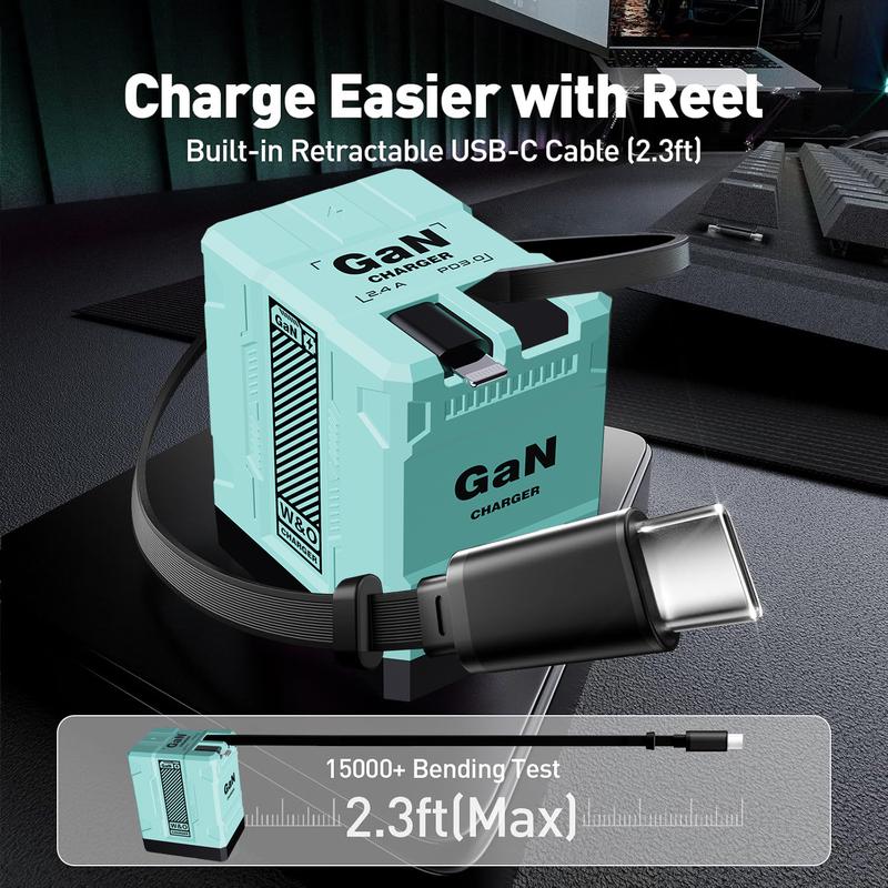 GaN Charger Compatible with 120W Fast Charger with Retractable Type-c and Lighting Cable,Protable Adaptor for iPhone 16, iPad, MacBook, Multi-Device Fast Charging, Folding Charging Cellphone Electronic
