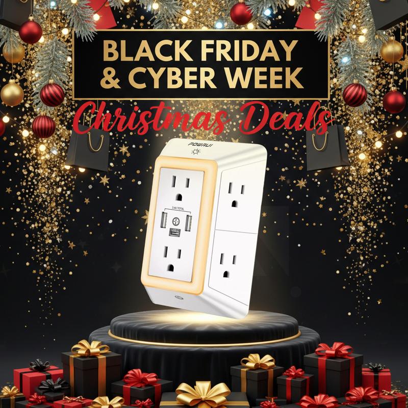 Multi Plug Outlet Surge Protector - POWRUI 6 Outlet Extender with 3 USB Ports (1 USB C) and Night Light, 3-Sided Power Strip with Adapter Spaced Outlets - White, ETL Listed