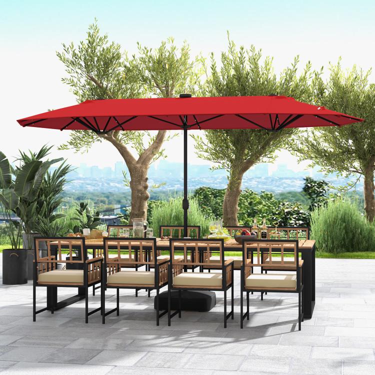【Solar Led Lights】COSTWAY 13/15ft Large Patio Umbrella, Extra Large Outdoor Double-Sided Twin Umbrella with Base & 36 LED Lights & Crank Handle for Garden, Deck, Poolside, Patio