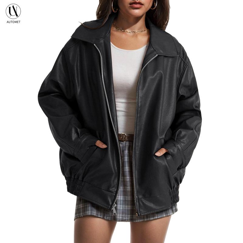AUTOMET Women's Oversized Faux Suede Leather Motorcycle Bomber Coat - Long Sleeve Polyester-Blend Fabric, Y2K Punk Style, Fall-Winter Outerwear with Pockets, Basic Button Closure, Versatile for Casual-Formal Use