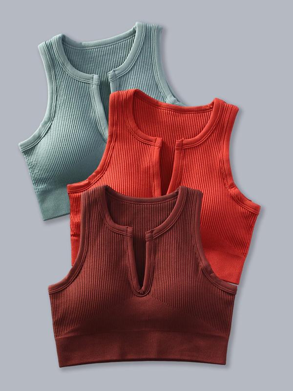 Women's 3pcs Solid Notched Neck Sports Vest, Summer Clothes Women, Breathable Comfortable Crop Sports Tank Top For Yoga Gym Workout Running, Women's Sport & Outdoor Clothing For Summer, Gym Wear, Breathable Workout Tops