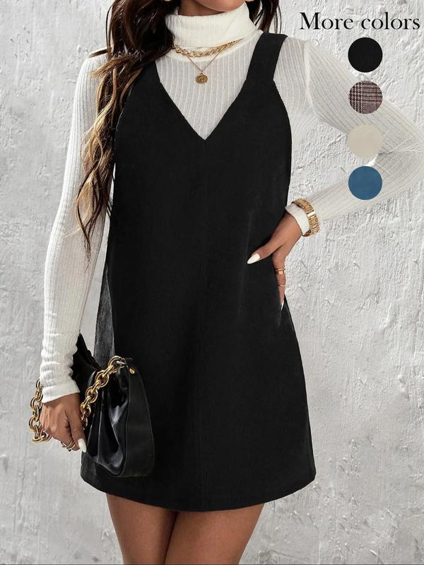 Women's Solid Color Corduroy Fitted Vest Dress without Sweater, Aesthetic Casual Sleeveless Straps Short Dress for Daily Wear, Ladies Clothes for All Seasons