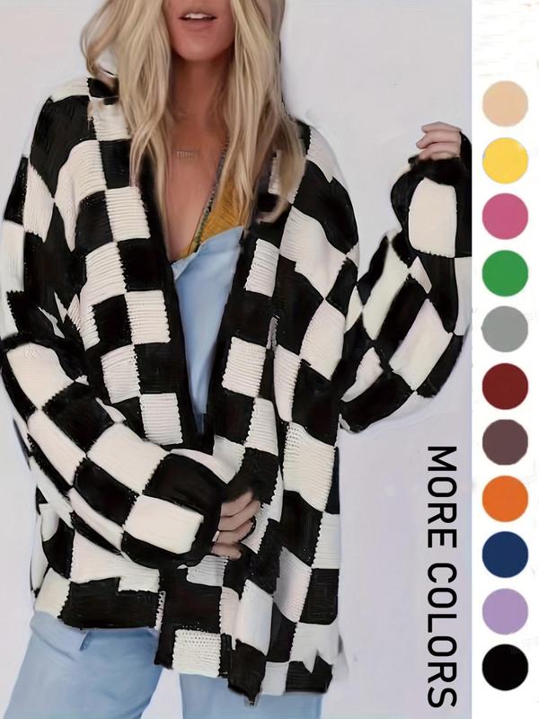 Plus Size Plaid Print Drop Shoulder Cardigan, Casual Style Long Sleeve Open Front Knitwear for Fall & Winter, Women's Plus Clothing for Daily Wear Piece, Womenswear Knitting