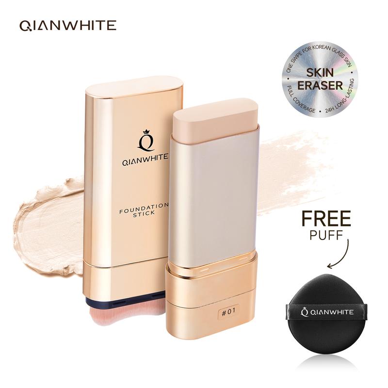 QIANWHITE Korean Foundation Stick Foundation for Mature Skin Tint, Buildable Light to Full Coverage Foundation Makeup Concealer, Dual-Ended with Brush for All Skin - Natural Dewy Finish #Summervibes