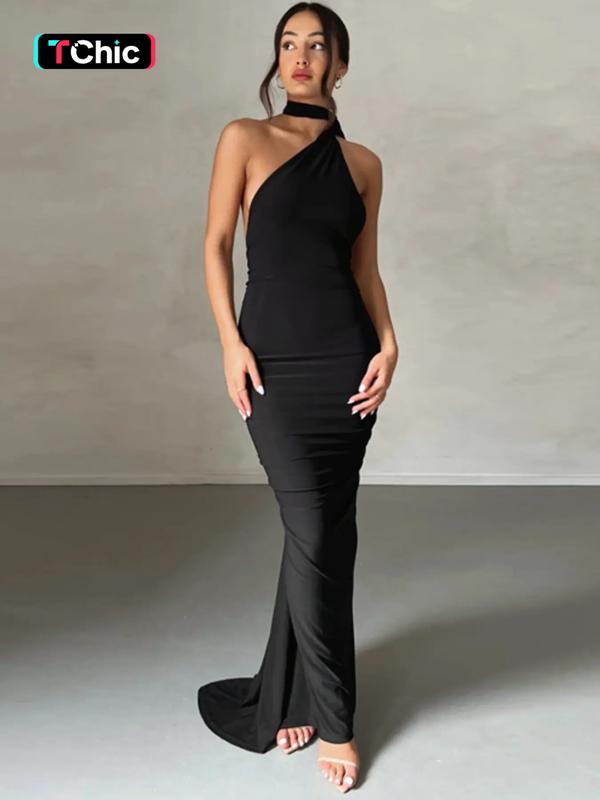 Women's Plain Ruched O-ring Backless Halter Neck Sleeveless Bodycon Knit Dress, Summer Clothes for Women, Womenswear, Elegant Style Maxi Dress for Evening Party Club Formal Wear