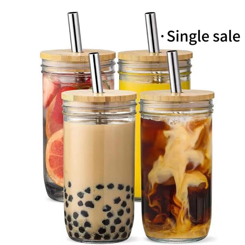 Glass Drinking Cup, 1 Piece Coffee Cup with Bamboo Lid Straw & Straw Brush, 24OZ Kitchen Drinkware for Party Drink Cold Drink Daily Use