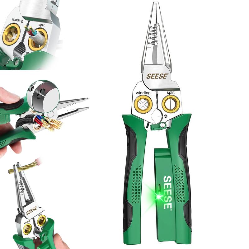 【FathersDayGift】SEESE 8 in 1 Wire Stripper Twister for Cutting and Pulling Wires, Voltage Tester Pliers,Cable Scissors, 12V to 250V Live,Null,Hot Wire Judgment AC DC, Audible and Flashing LED Alarms