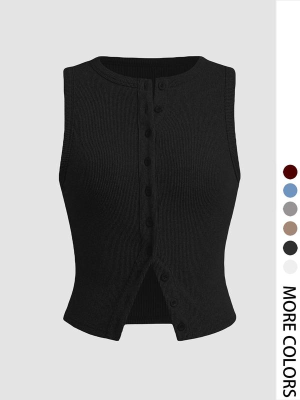 Women's Plain Button Front Ribbed Crop Tank Top, Casual Sleeveless Round Neck Top for Daily Wear, Ladies Clothes for All Seasons