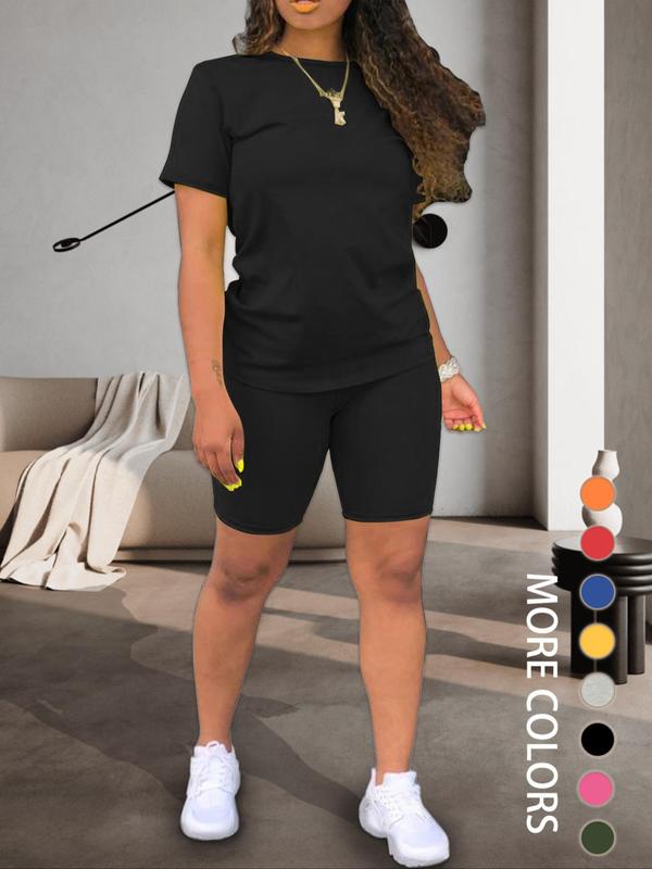 Two-piece Women's Fitted Plain Round Neck Tee & Skinny Shorts Set, Minimalist, Casual Summer Clothes for Women, Short Sleeve Crew Neck T-shirt & Shorts, Summer Outfit for Outdoor