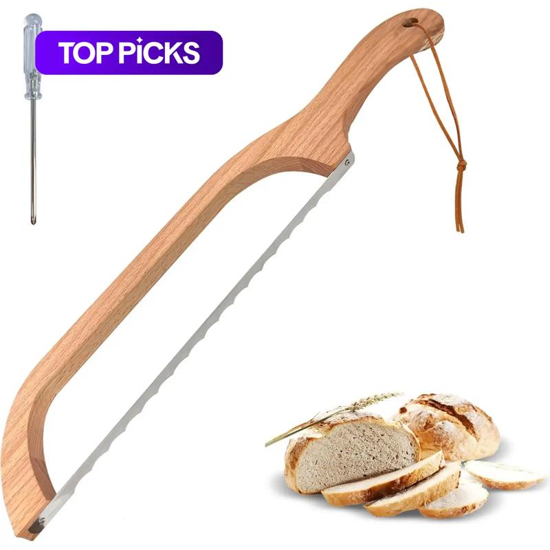 Wooden Bread Slicer, Bread Knife and Screwdriver, Stainless Steel Serrated Bread Cutter for Bagels, Baguettes and More, Kitchen Cutting Utensils, Kitchenware, Serrated Steak Knives #GLOBAL PICKS