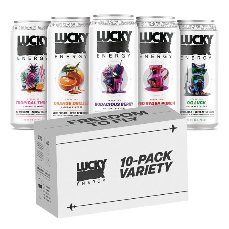 Lucky Energy Drink - Variety Pack - 16oz Cans - 200mg Caffeine with Maca, Ginseng, Beta Alanine & Taurine - 10-Pack Variety - Vegan & Gluten-Free - Clean Energy Drink