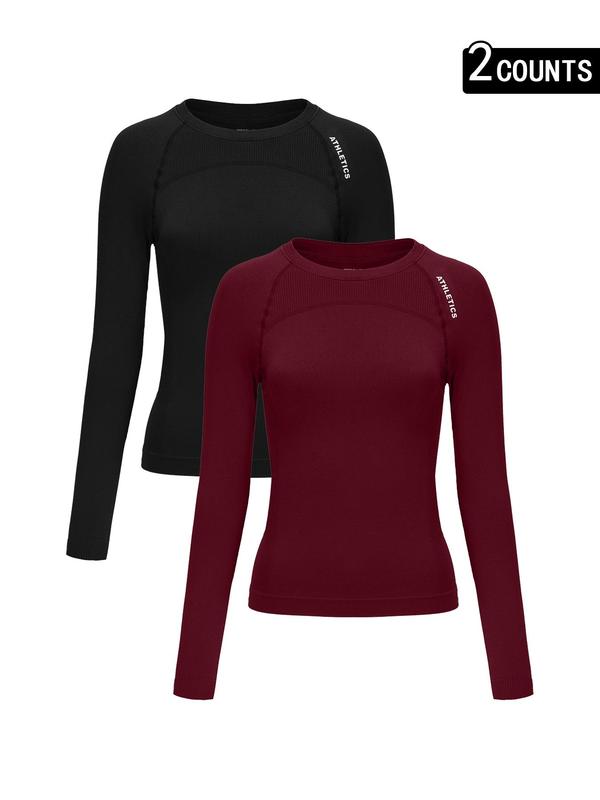 Women's Letter Print Baselayer Top, Long Sleeve Round Neck Compression Top for Yoga Gym Workout, Ladies Sportswear for Fall & Winter, Athletic Compression Shirt, Fitness Clothes Tops, Athletic Fashion Activewear, Workout Apparel