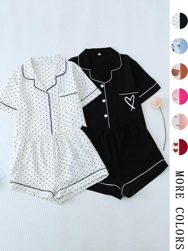 Women's All Over Print Woven Casual Loungewear Set, Contrast Binding Pocket Button Top & Elastic Shorts Pajama Set, Ladies Summer Pjs Nightwear