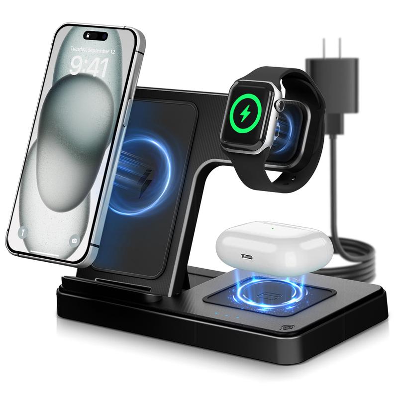 Portable 3-in-1 Wireless Charger, Foldable Charging Station & Phone Stand for iPhone 17 16 15 14 13 12 Pro Max 13 12 11 iWatch 9 8 7 6 5 4 3 2 SE AirPods 3 2 Pro,Charger Stand Multiple Devices