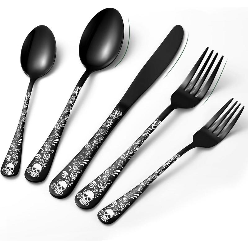 Gothic Stainless Steel Flatware Set, Skull & Rose Pattern Cutlery Set Including Spoon & Fork & Knife, Festival Party Tableware Set, Stocking Fillers Gift, Utensils