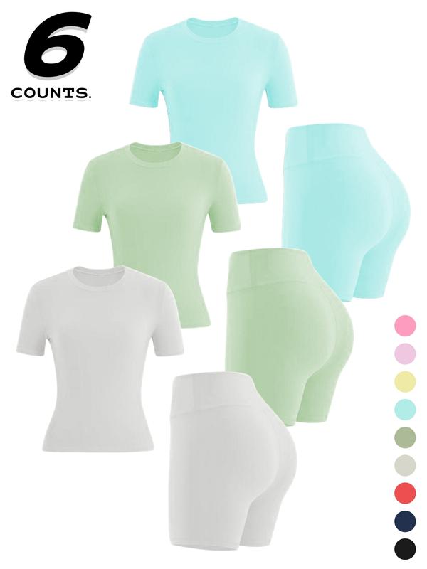 Two-piece Set Women's Solid Color Tee & High Waist Skinny Shorts Tracksuit Set, Sporty Casual Breathable Set for Yoga Gym Workout Running, Ladies Summer Sportswear, Activewear