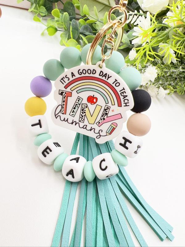 Silicone Bracelet Beaded Tassel Keychain with Acrylic Pendant Bag Charm, Keychain for Bags, Wristlet for Keys  Portable Car & House Key Ring Holder