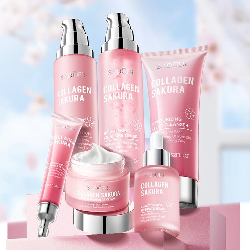 Collagen Sakura Moisturizing Revitalizing Six Piece Set - Hydrating Skin Care Kits for Radiant Glow & Plump Smooth Skin Brightening Set Ultimate Glow Kit