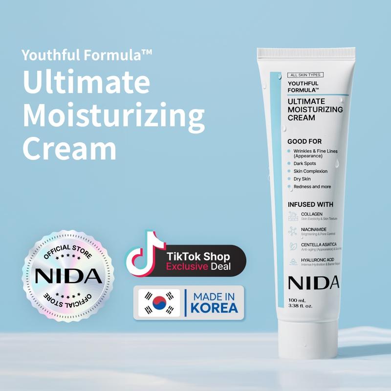 NIDA Youthful Formula Ultimate Moisturizing Cream (100mL) / Collagen, Niacinamide, Centella Asiatica, Hyaluronic Acid / Wrinkles, Dark Spots, Skincare Hydrating Daily Moisturizer Moisture Hydrate