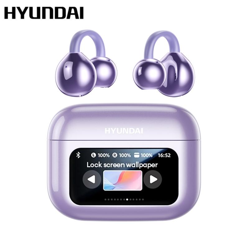 HYUNDAI M100 Clip-On Wireless Ear Headphones with Smart Display, Bluetooth 6.0 Stable Connection, HiFi Sound Earbuds for Music & Phone Calls, Sport Sweatproof Design, Compatible with Android & iOS