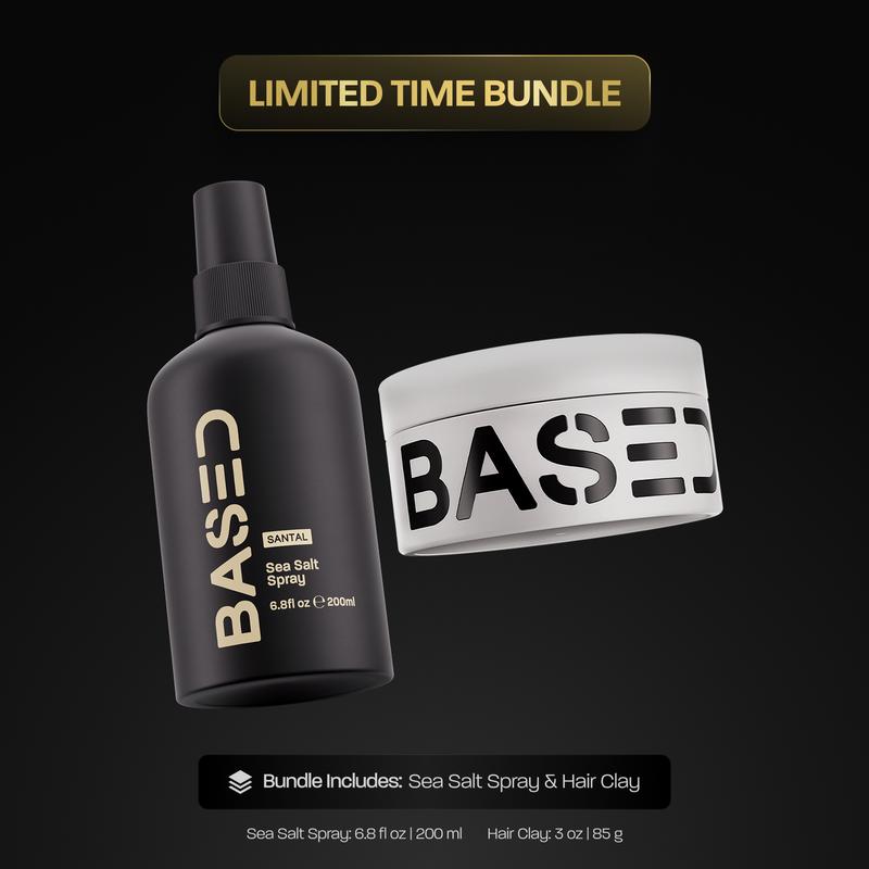 BASED Texture & Hold Duo: Sea Salt Spray & Hair Clay Bundle - Non-Toxic Volumizing Spray with Kelp & B5 + Strong Hold Texturizing Clay with Santal Sandalwood, Low Shine, Paraben Free